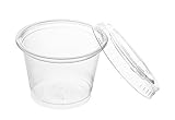 Crystalware, Disposable 1oz. Plastic Portion Cups with Lids, Condiment Cup, Jello Shot, Soufflé Portion, Sampling Cup, 100 Sets – Clear