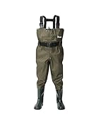 Ouzong Chest Waders for Kids, Lightweight Cleated Nylon and PVC Fishing Bootfoot Chest Waders for Boy and Girl, Army Green Waterproof Chest Waders for Children