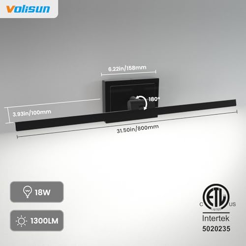VOLISUN Modern Bathroom Vanity Light 31.5 inch, Rotatable, 18W Dimmable 5CCT Led Bathroom Light Fixture Over Mirror, Black Bar Vanity Light for Bathroom Mirror Cabinets-ETL Certificated
