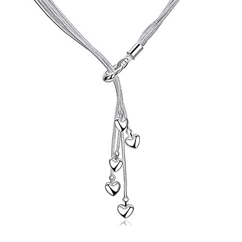 Silver Initial Chain Necklace, Five-line Chain with Five-Heart Charm Love Heart Necklace(20")