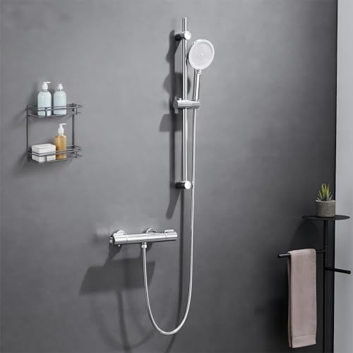 Auralum Duscharmatur mit Thermostat, Duschstange mit Handbrause Thermostat mit 38°C Sicherheitstaste, Mischbatterie Dusche Thermostat, Duscharmaturen Brausether