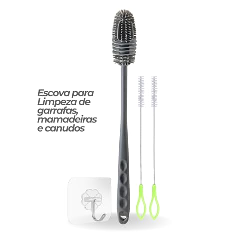 Kit Escovas para Lavar Garrafas e Canudos - Escova de Silicone para Limpeza de Mamadeira e Garrafa + 2 Escovas para Canudos + Gancho adesivo – Não Risca e Alcança Áreas Difíceis