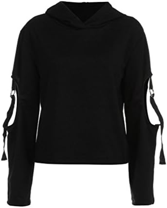 Women Pullover Sweatshirt, Heyl Split Hollow Hoop Strappy Pure Color Black Baggy Casual Fashion Hooded Pullover Sweatshirt (M, Black)