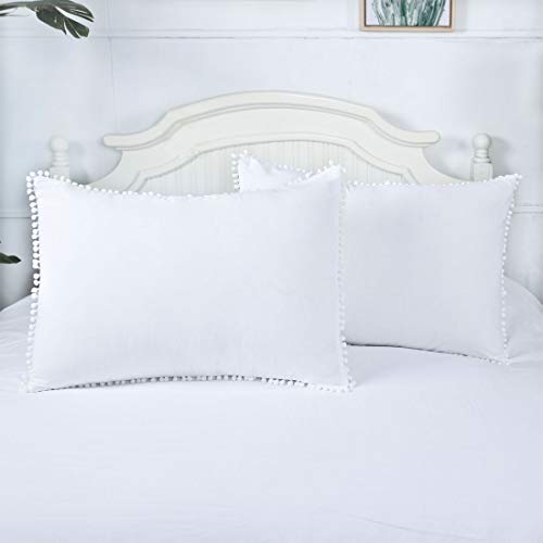 image for YINFUNG Pom Fringe Pillow Shams King White Pompoms Pillowcases Set of 