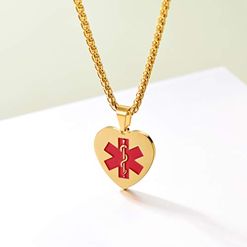 Supcare Medical Alert Heart Necklace Pendant Jewelry Stainless Steel 18K Gold Plated, Medical Emergency Identification Tag Necklace Jewelry for Women/Men/Kids