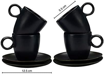 Clay Aesthetics Vegan Black Matt Handcrafted Espresso Coffee Cups & Saucers - Set of Four
