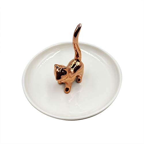RARITYUS Cute Rose Gold Cat Ring Dish Holder Jewelry Trays Ceramic Trinket Porcelain Ring Holder for Earring Necklace Bracelet Organizer Display