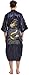 Mens Robe Chinese Silk Embroidered Dragon Pattern Kimono Bathrobe Yukata Pajamas with Waistband and Pockets (Navy Blue)