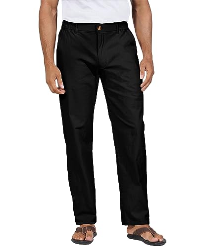 YAOHUOLE Herren Baumwoll-Leinen-Hose, leger, elastischer Bund, lockere Passform, einfarbig, mit Gürtelschnalle und Knopfleiste, Schwarz , 34-37