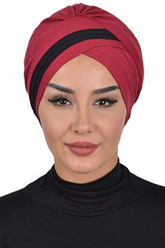 Instant Turban Cotton Scarf Head Wrap Cancer Chemo Headwear Two Colored Maroon - Thumbnail 5