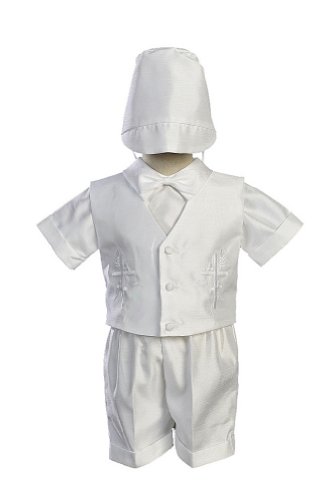 White Embroidered Shantung Chistening Baptism Vest and Short Set with Bowtie and Hat - M (6-9 Month)