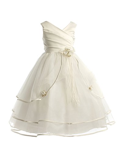 3-Tiered Organza Satin Pageant Communion Flower Girl Party Dress - Ivory 2 - Thumbnail 2