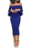 Molisry Women Off Shoulder Ruffle Long Sleeve Bodycon Party Midi Dress