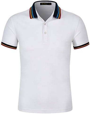 Mitario Femiego Men Classic Rainbow Collar Slim Fit Short Sleeves Golf Polo Shirt White L