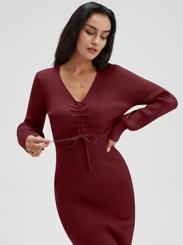 DEEP SELF BODYCON DRESS LONG SLEEVE MIDI DRESS SEXY DRESSED FOR WOMEN DATE NIGHT KNIT DRAWSTRING NECK BLUE PENCIL DRESS