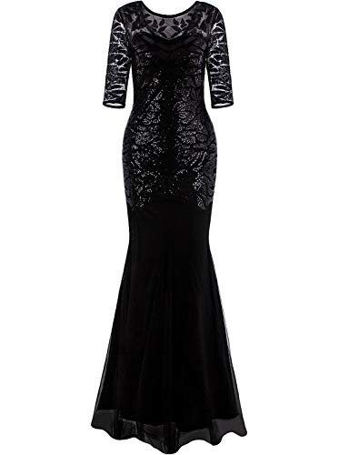 Vijiv Women's Inspired Sequin Embellished 1920s Dresses Long Roaring 20s Great Gatsby Dress Mermaid Hem Black S