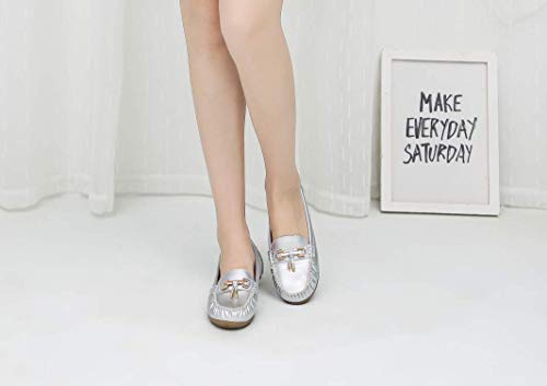 Mila Lady Fashion Colorful Causal Slip on Loafers Moccasin Walking Driving Indoor Flat Shoes for Women, Allison Silver Size 8.0