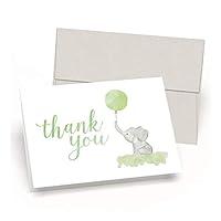 Beautiful Baby Shower Thank You Cards (Set of 10 Cards + Envelopes) - Watercolor Elephant & Green Balloon - by Palmer Street Press