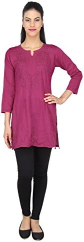 India Ethnic Kurta Kurti Chikan Embroidery Tunic Cotton Blouse(Magenta) (42)