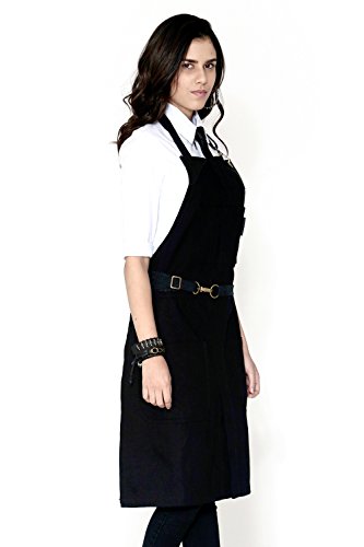 Under NY Sky No-Tie Deep Black Apron - Durable Twill with Leather Reinforcement and Split-Leg - Adjustable for Men and Women - Pro Barber, Tattoo, Barista, Bartender, Baker, Hair Stylist, Server Apron