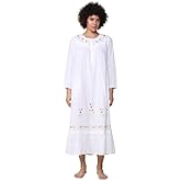 LA CERA Women's 3/4 Sleeve Sleepwear Nightgown, 100% Cotton, Side Pockets, Rose Embroidered, Ribbon Trimmed Yoke