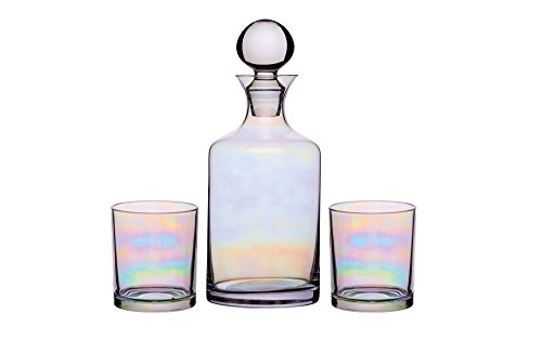BarCraft BCDSETLUST950 Glass Gin / Whisky Decanter and Tumbler Gift Set (3 Pieces) - Rainbow-Pearl Iridescent Finish