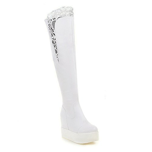 AllhqFashion Women's High Top Pull On Soft Material High Heels Round Closed Toe Boots, White, 43 AllhqFashion Women's High Top Pull On Soft Material High Heels Round Closed Toe Boots, White, 43