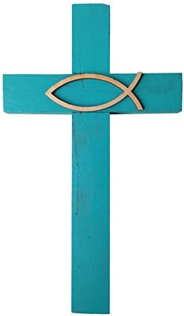Wall Cross Aqua With Christian Fish Ichthus 9"