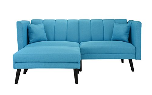Mid-Century Modern Linen Fabric Futon Sofa Bed, Living Room Sleeper Couch (Sky Blue)