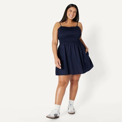 Vestido con Corpiño Nido de Abeja de Satén de Algodón de Corte Recto Mujer, Azul Marino, XS