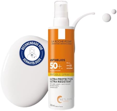 La Roche Posay Spray Invisible, Protector Solar con SPF50+, Apto para Piel Sensible, Previene el Estrés Oxidativo, Resistente al Agua, al Sudor y a la Arena, Fórmula con Agua Termal, Anthelios, 200 ml