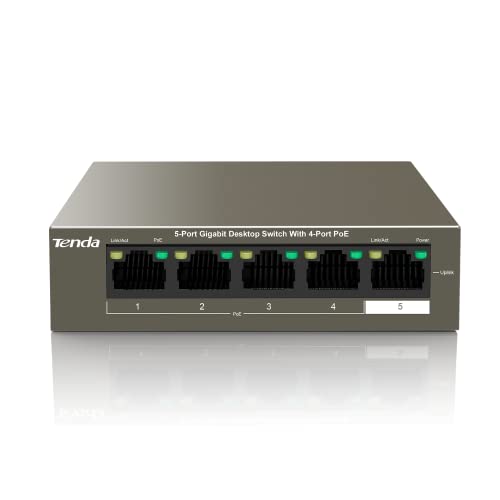 Tenda Gigabit PoE Switch 5 Ports mit 4 PoE+ Ports & 1 Uplink-Port (58W, VLAN, IEEE-802.3af/at PoE, lüfterlos, Plug-and-Play, Metallgehäuse) (TEG1105P-4-63W) thumbnail 1