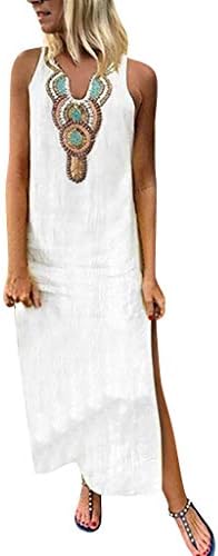 Summer Plain Dress, Women's Casual Short Sleeves Crewneck Side High Split Loose Long Maxi Dress Midi Solid Color Tunic Blouse