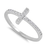 Christian Sideway Cross Cubic Zirconia Ring Sterling Silver 925 (Sizes 3-15)