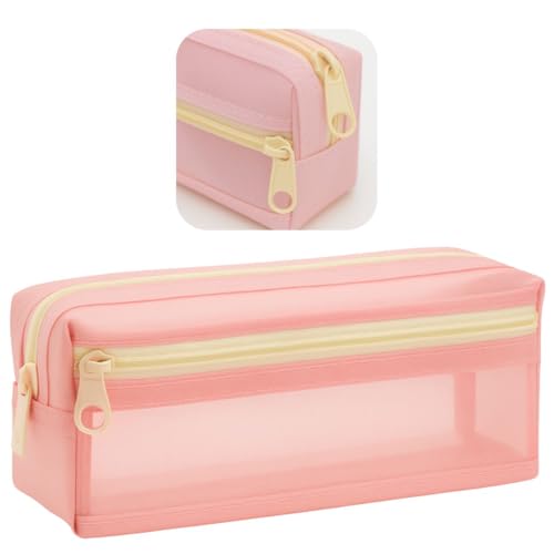 Estojo Escolar 2 Divisoria de Nylon Grande Transparente Organizador Material Lápis Caneta Borracha Papelaria Fofa Compartimento Fecho Metalico Volta as Aulas Box Necessaire Menino Menina (Rosa)