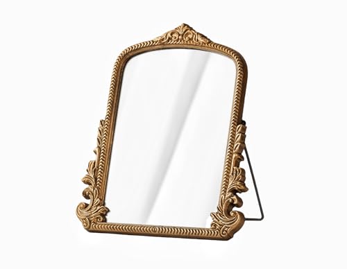 TenFuju Small Gold Vintage Vanity Mirror, Antique Gold Wooden Framed Standing Tabletop Mirror, Traditional Chic Arch Makeup Mirror for Living Room, Bedroom, Bathroom, or Office Decor, 11.8