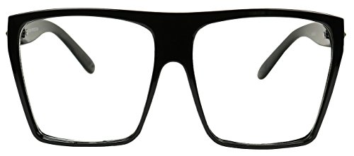 Basik Eyewear - Big XL Large Square Trapezoid Shape Oversized Fashion Sunglasses (Black, Clear Lens)