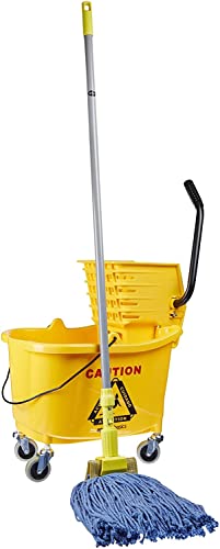 Amazon Basics Side Press Wringer Combo Commercial Rectangular Mop Bucket on Wheels, 35-Quart, Yellow