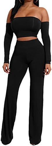 AVINE Womens Sexy High Waist Wide Leg Two Pieces Jumpsuit Bandeau Top Flared Trousers Pants (X-Large, Long Sleeve-Black)