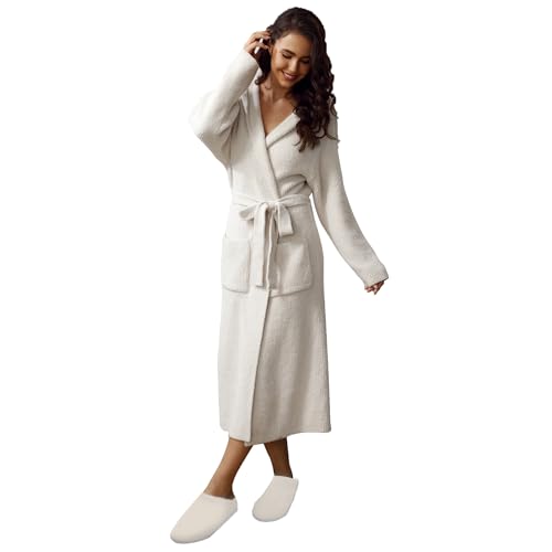 MH MYLUNE HOME Ultra Soft Robe With Pockets, Spa Bathrobe Loungewear Calf-Length, Plush Fuzzy Fluffy Wrap Robe for Women