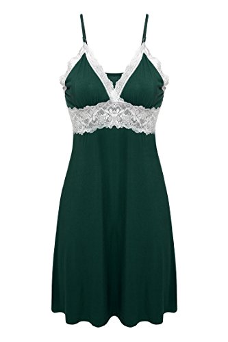 Ekouaer Sleepwear Womens Chemise Nightgown Full Slip Lace Lounge Dress,Viscose-dark Green,X-Large