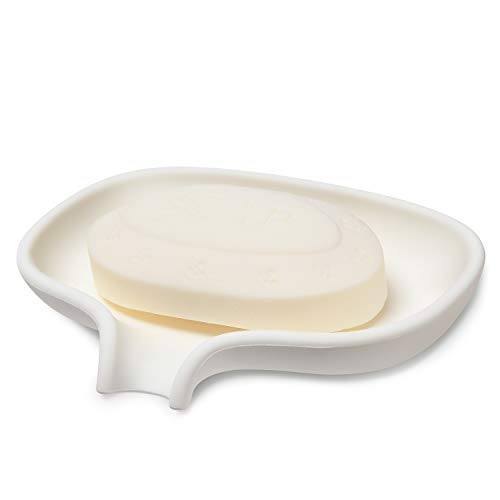 SUBEKYU Soap Dish with Draining Tray, Silicone Soap Holder Saver for Shower/Bathroom, Keep Soap Bars Dry Clean, 2 Pack, White and Gray (2 White)