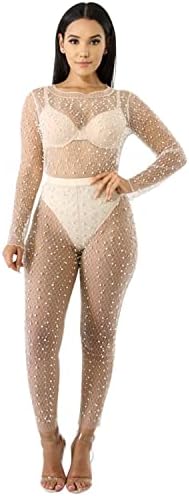 pearl mesh long sleeve maxi cover up dress Ypser Pearl Mesh Rhinestone Cover Up See Through Mesh Maxi Dress Summer Beach Sheer Dress at Amazon Women's Clothing store