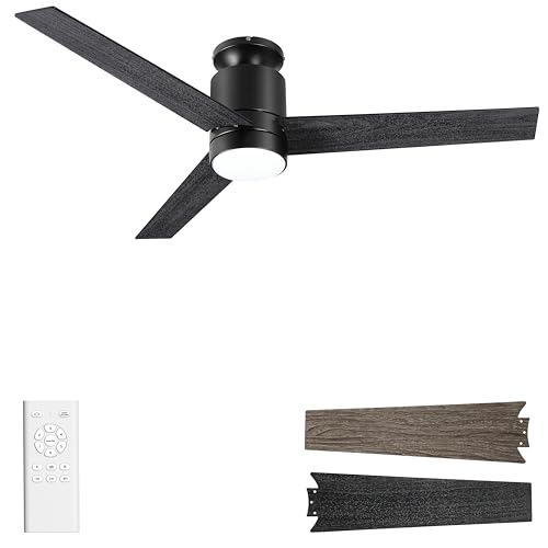 Ohniyou Ventilador de techo de 52 pulgadas con luz y mando a distancia, 6 velocidades, 3 temperaturas de color regulable LED ventilador de techo para uso en interiores al aire libre (Negro)