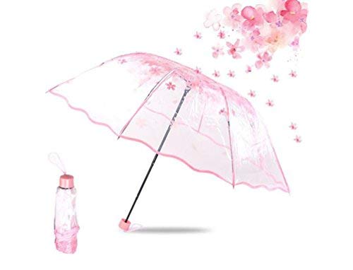 Transparent Umbrella Cherry Blossoms Clear Umbrella See Though Rain Folding Umbrella for Women Kids Girls Lightweight Windproof Compact Folding Umbrella
