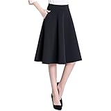 Women's High Waist A-line Skirt Pleated Knee Length Midi Skirt with Pockets