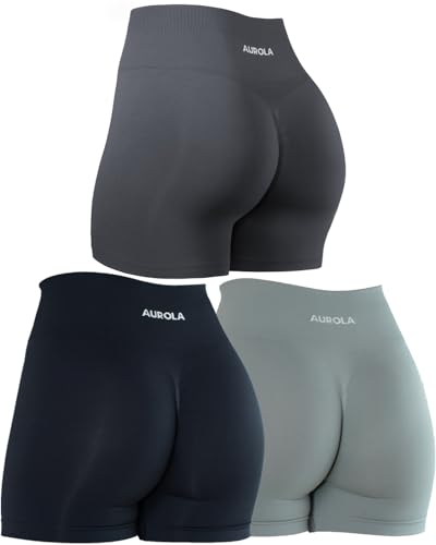 AUROLA 3 Pieces Pack Set Dream Workout Shorts for Women Seamless,Dark Black/Asphalt Grey/Ultimate Gray,S at Amazon