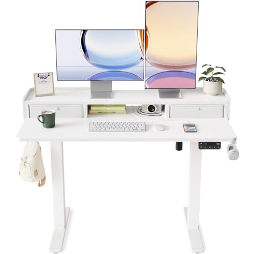 YIHAYO Bureau Assis Debout avec Deux tiroirs, 120 x 60 cm, Bureau Electrique avec étagère, Bureau Réglable en Hauteur Électrique avec Panneau Contrôle à Fonctions Mémoires, Blanc