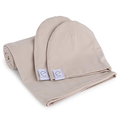 Ely's & Co. Cotton Knit Jersey Swaddle Blanket and 2 Beanie Baby Hats Gift Set, Large Receiving Blanket (Tan)