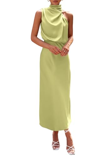 PRETTYGARDEN Women's 2025 Summer Satin Dress Elegant Sleeveless Mock Neck Cocktail Party Maxi Dresses